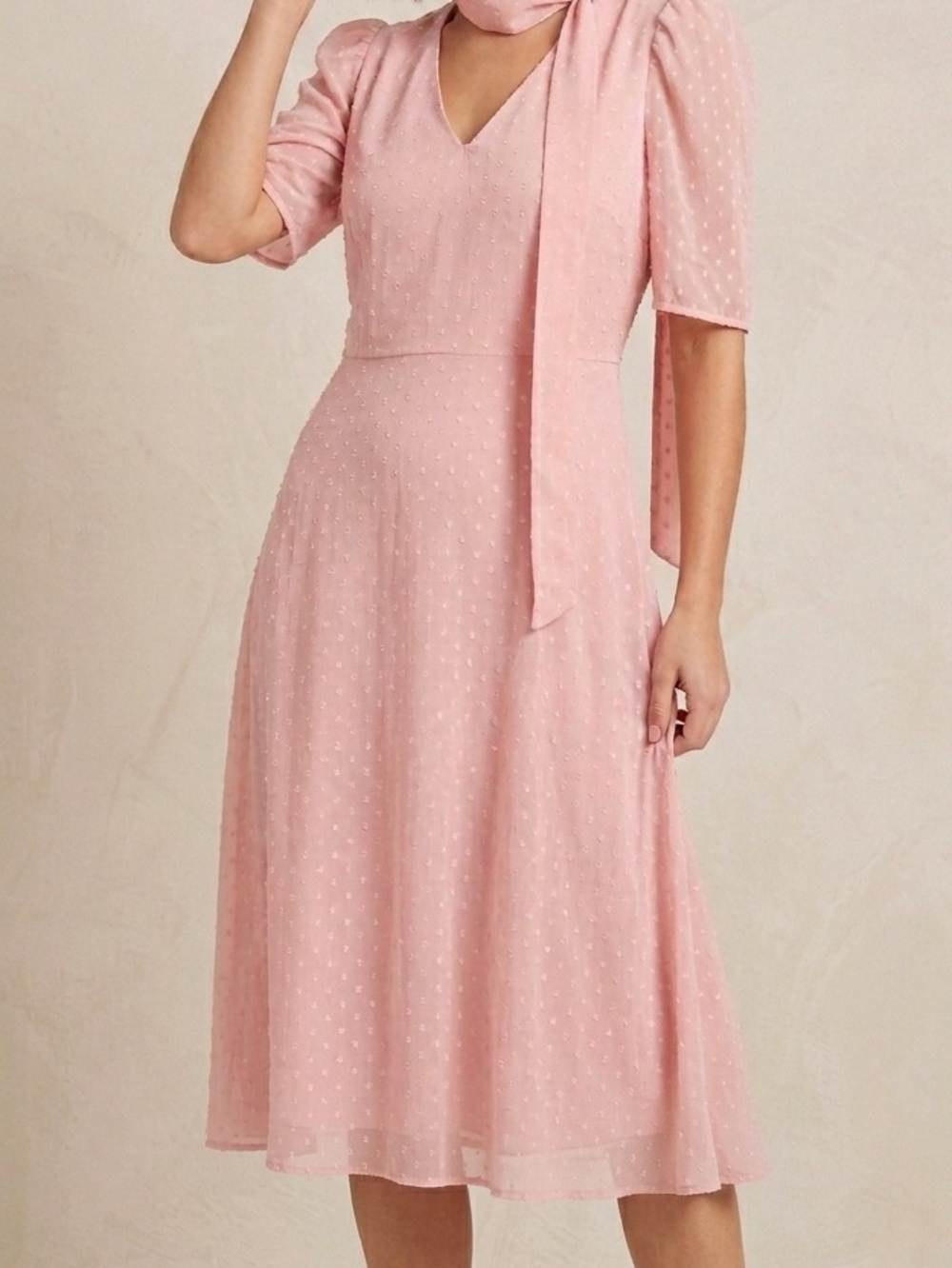 Tommy Hilfiger Blush Pink V-Neck Midi Dress with Scarf